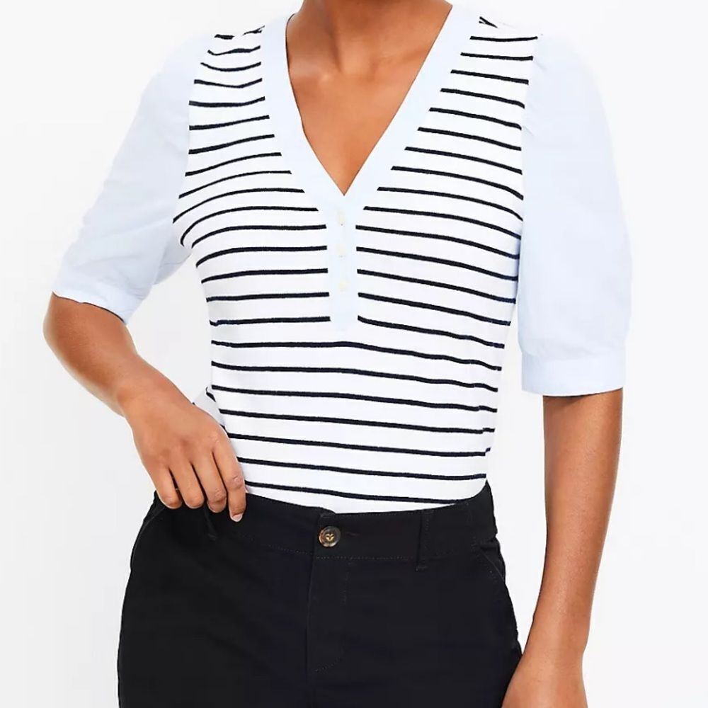 LOFT Striped Henley Mixed Media‎ V-Neck Puff Sleeve Nautical Knit Top Size XXS